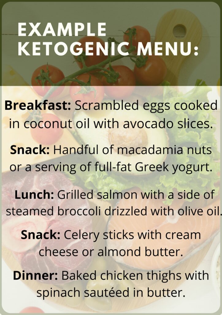 Example Ketogenic menu whit breakfast, snaks, lunch and dinner